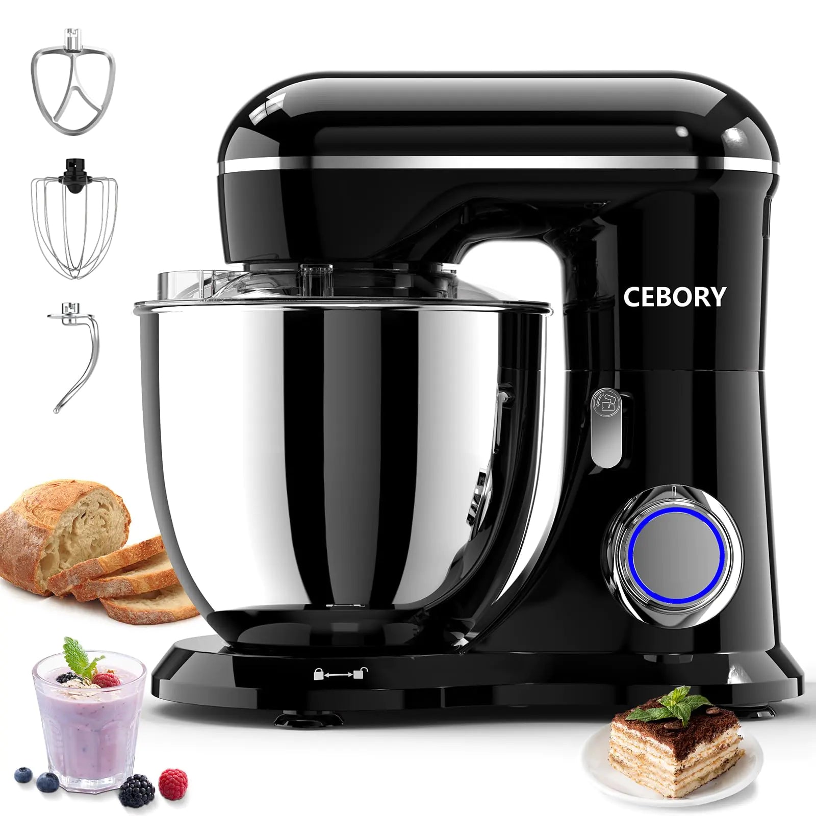 CEBORY Efficient Stand Mixer 6.5QT 10-Speed with Mixing Set